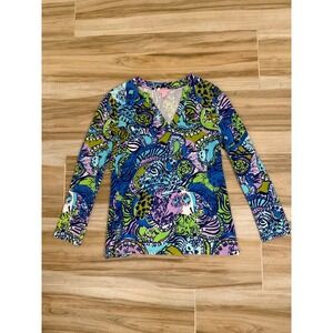 Lilly Pulitzer Womens XS Long Sleeve V-Neck Top Blue Green Purple Animal Print